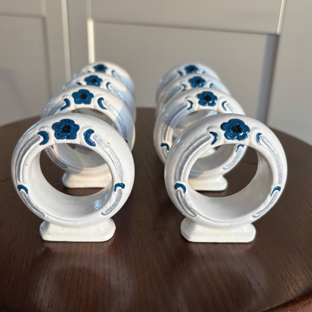 Ceramic White Blue and Silver Painted Napkin Rings